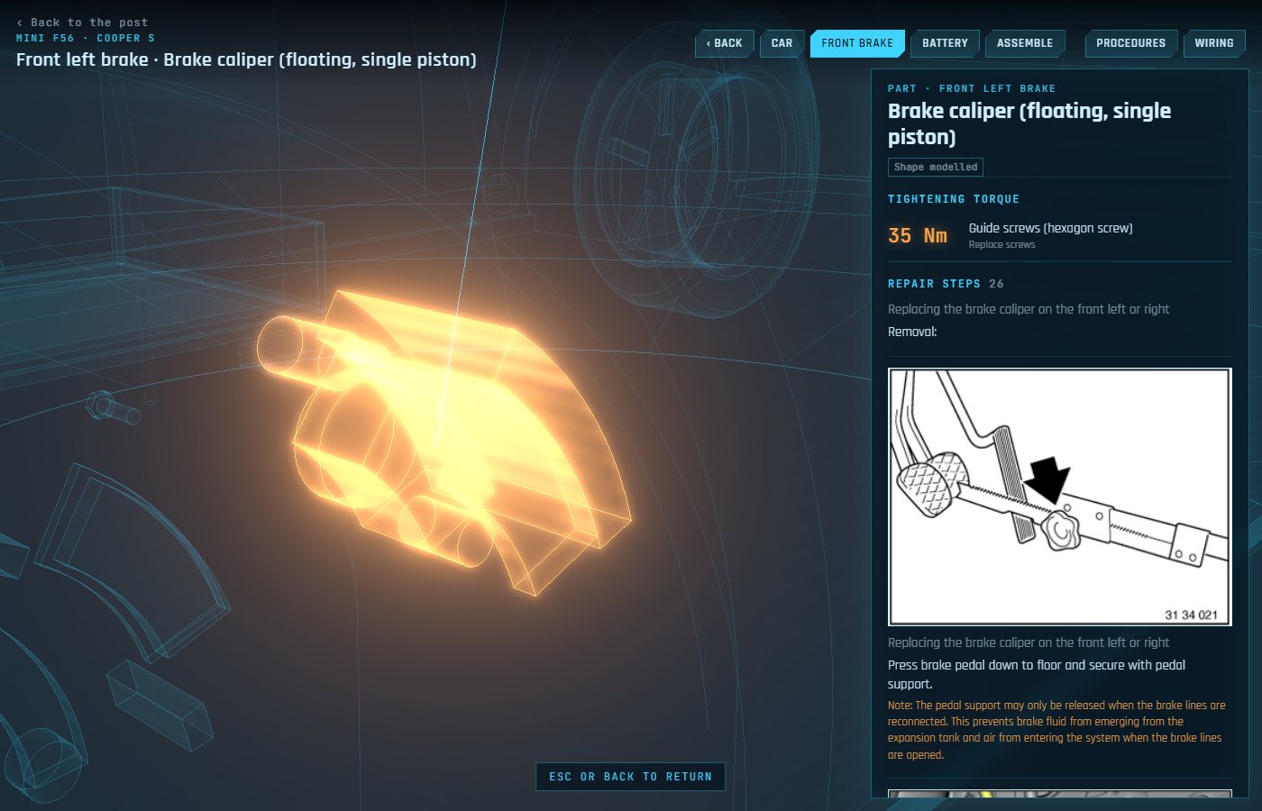 The caliper selected, with its card of torques and repair steps