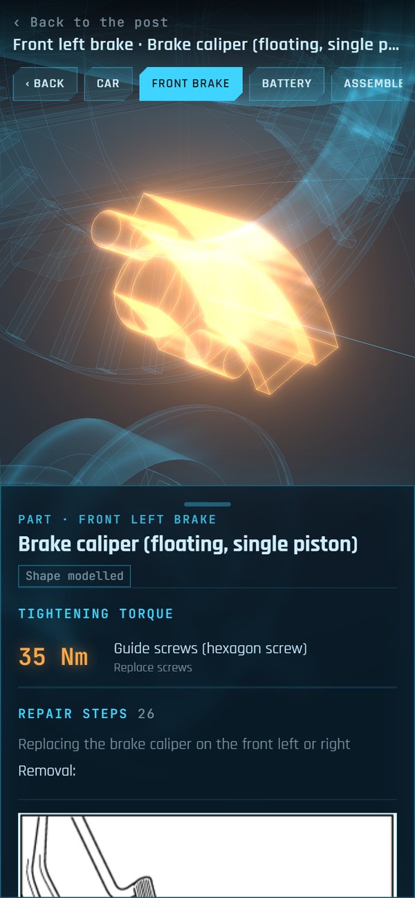 The explorer on a phone, the caliper selected and its card at the bottom