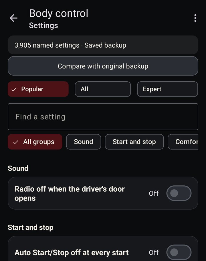 Body control coding in the Popular view: 3,905 named settings, with Sound and Start and stop groups