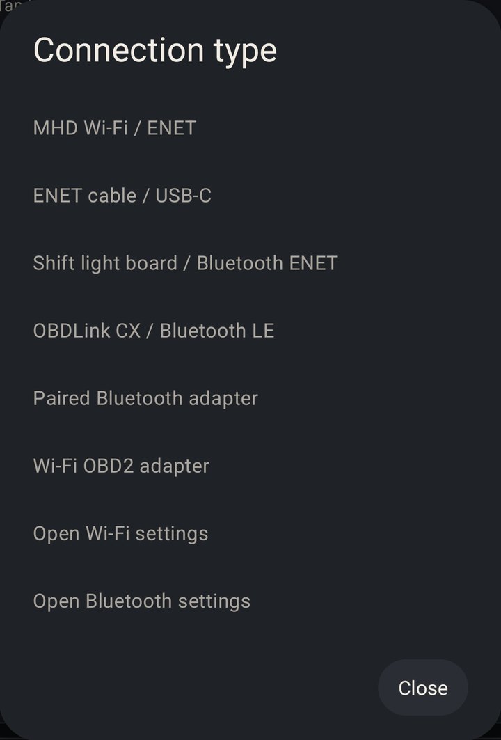 Connection type: MHD Wi-Fi / ENET, ENET cable / USB-C, OBDLink CX / Bluetooth LE, Paired Bluetooth adapter and Wi-Fi OBD2 adapter