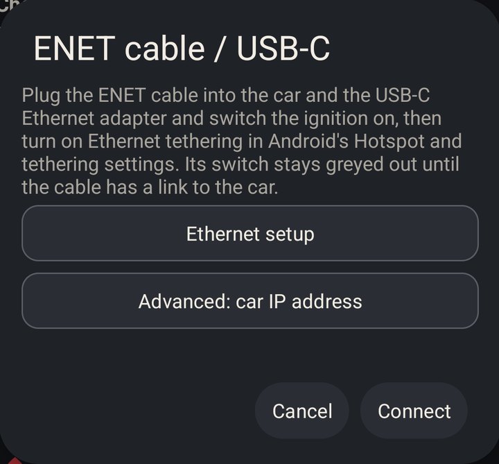The ENET cable / USB-C dialog with the tethering instructions, an Ethernet setup button and Connect