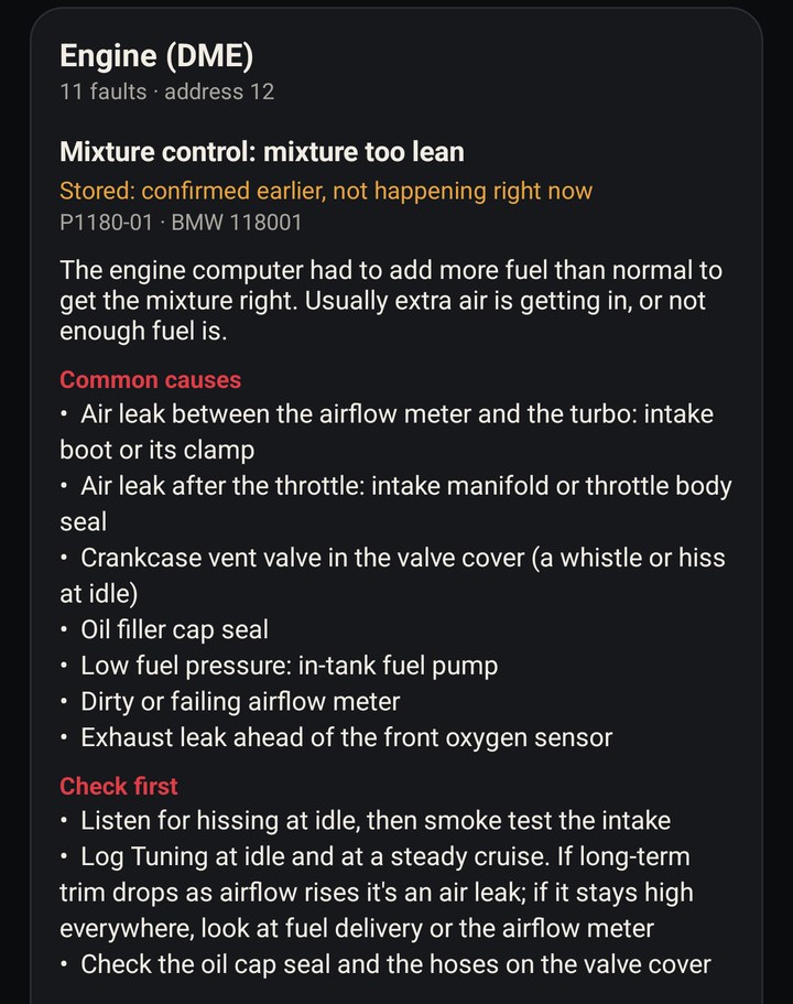 Engine fault P1180-01, mixture too lean: what it means, common causes and what to check first