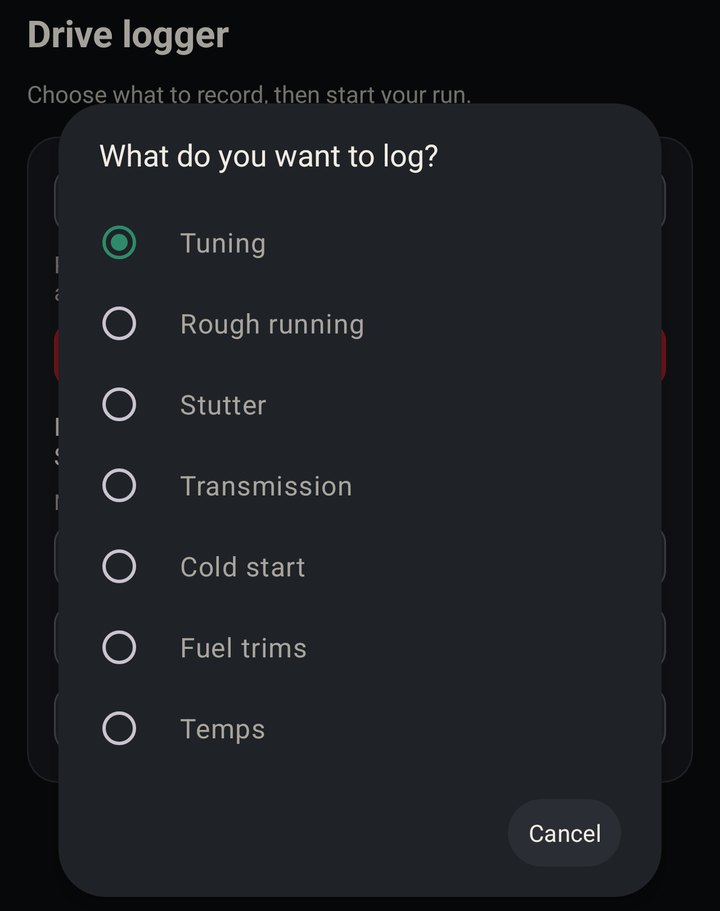 What do you want to log: Tuning, Rough running, Stutter, Transmission, Cold start, Fuel trims and Temps