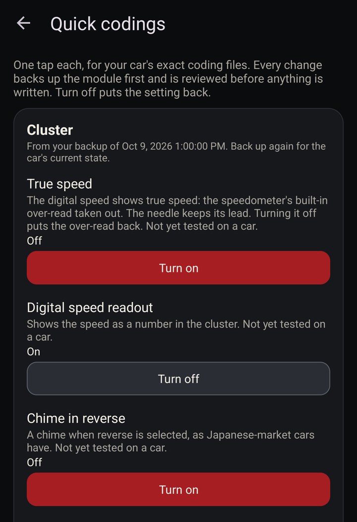 Quick codings for the instrument cluster: True speed off with Turn on, Digital speed readout on with Turn off, Chime in reverse off with Turn on