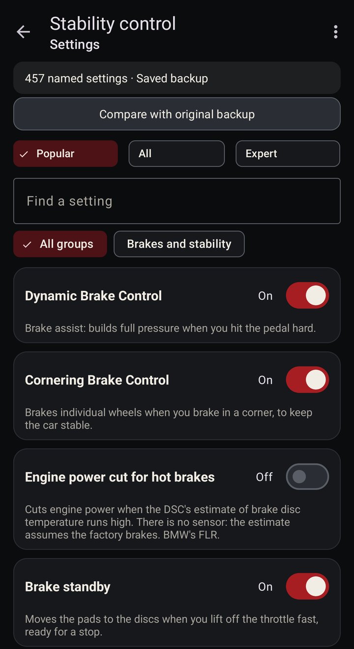 Stability control settings, Popular view: Dynamic Brake Control on, Cornering Brake Control on, Engine power cut for hot brakes off, Brake standby on