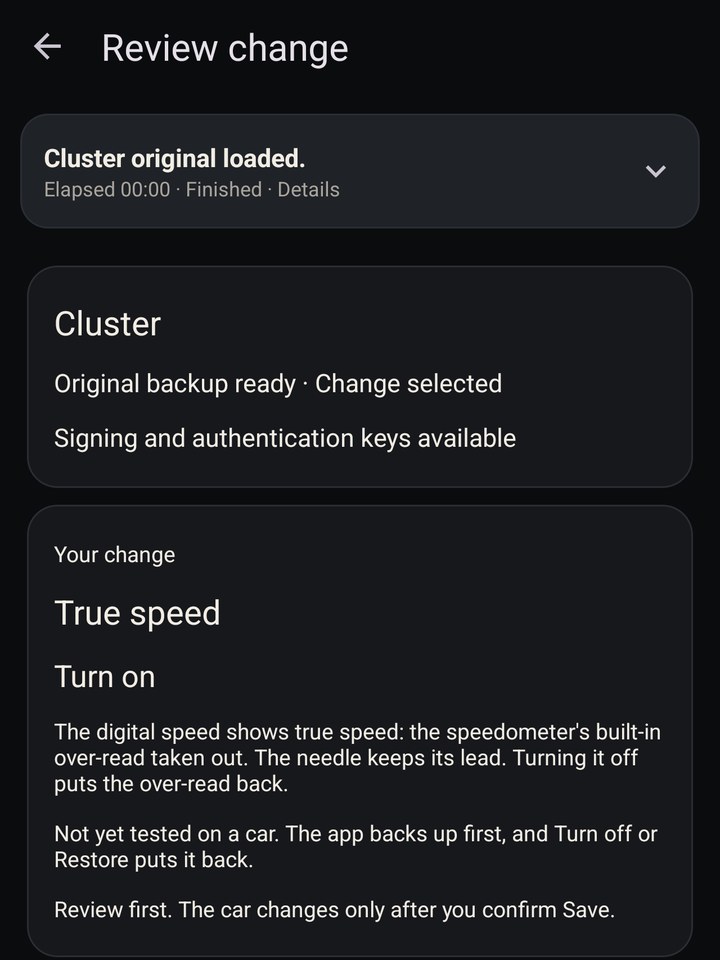 Review change for the cluster: True speed, Turn on, with the original backup ready and the change explained before Save to car