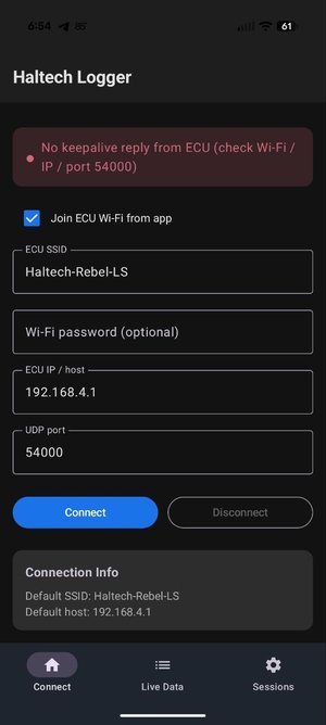 Connect screen — ECU SSID, IP, and port settings