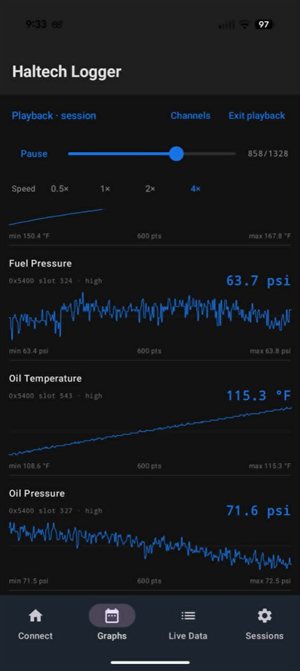 Session playback — fuel pressure, oil temp, oil pressure