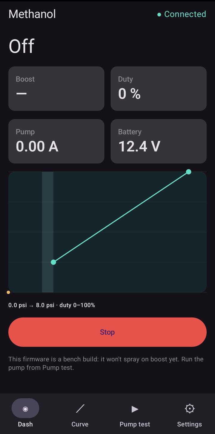 Dash screen: Off, boost, duty, pump amps, battery 12.4 V and the curve