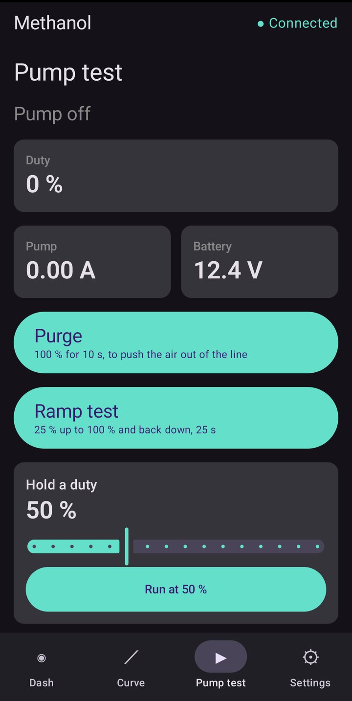 Pump test screen with Purge, Ramp test and Hold a duty