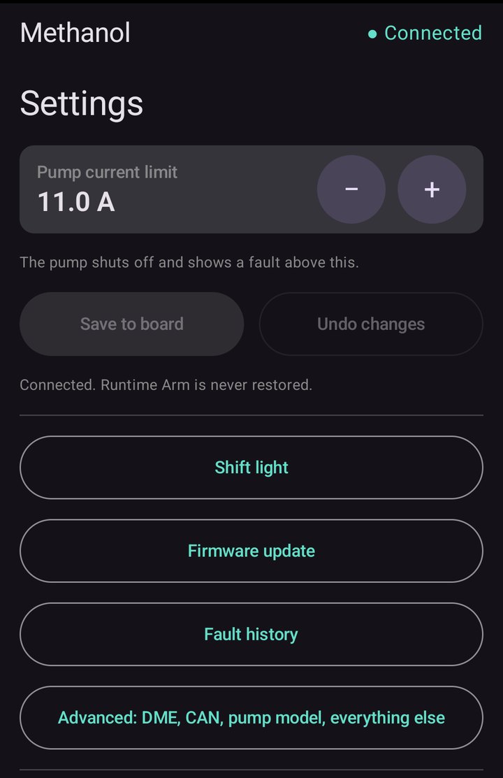 Settings screen with the pump current limit at 11.0 A