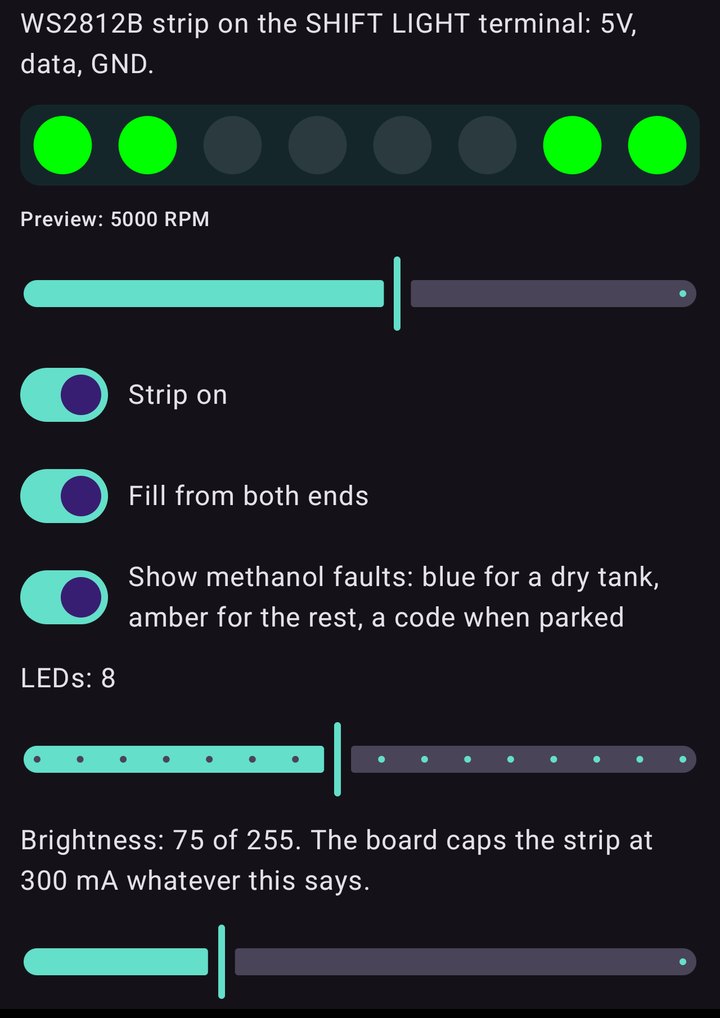 Shift light settings with an LED preview, strip switches, LED count and brightness