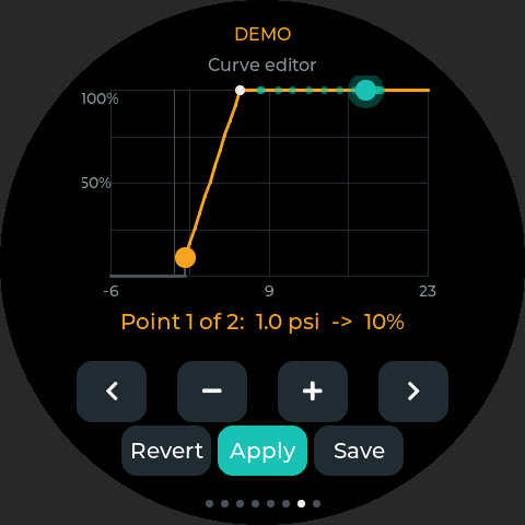 Curve editor page with draggable points and Revert, Apply and Save buttons