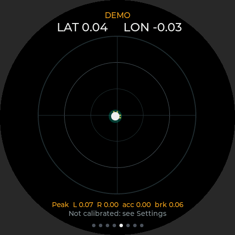 G-meter page: friction circle with lateral and longitudinal readouts