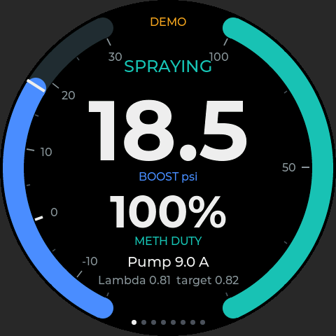 Live page: boost sweep on the left, duty sweep on the right, 18.5 psi and 100 %