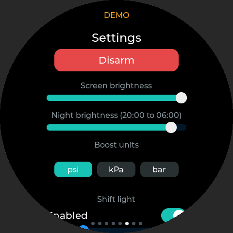 Settings page with Disarm, brightness sliders, units and shift light switch