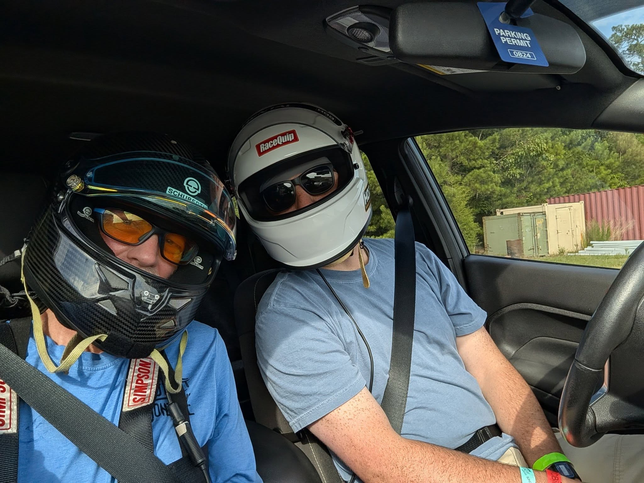 Jackie and me, helmets on, ready to grid