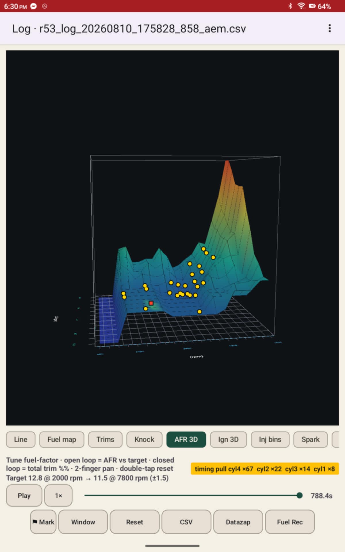 3D AFR surface with knock events marked