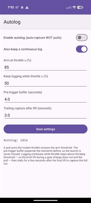 Autolog settings screen
