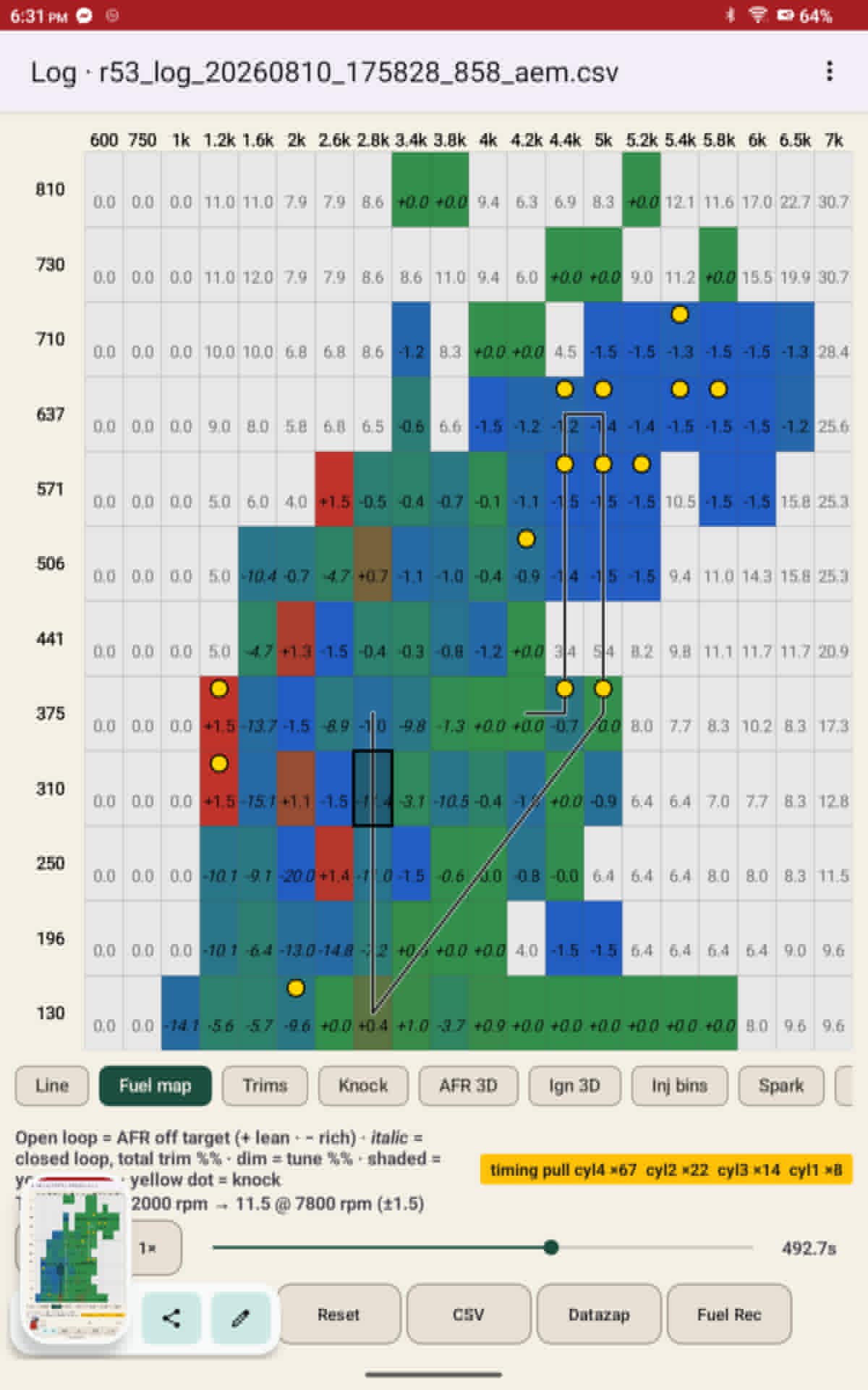 Fuel map heatmap — AFR error and trims per cell