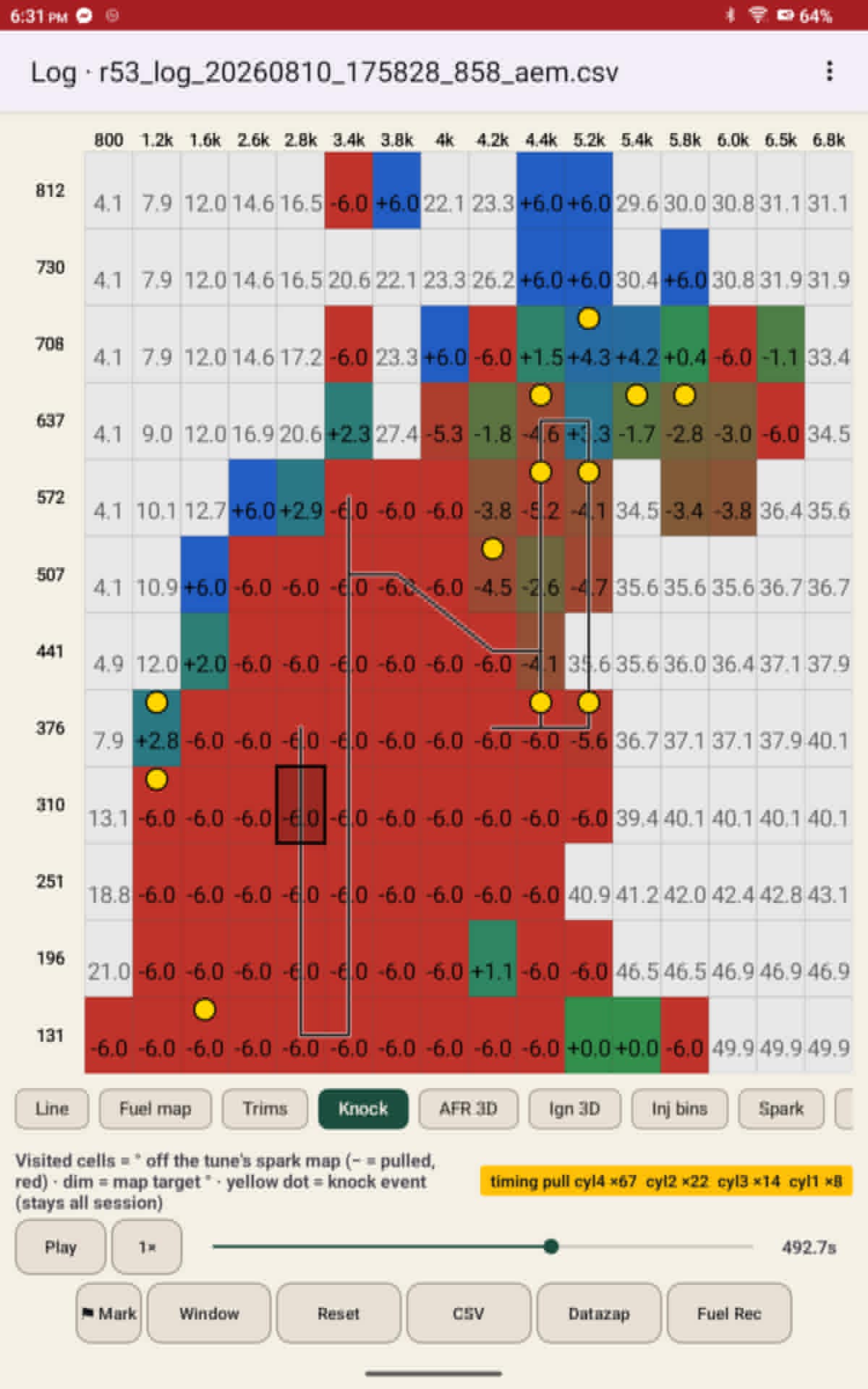 Spark / knock map — timing pulled off the tune, per cell