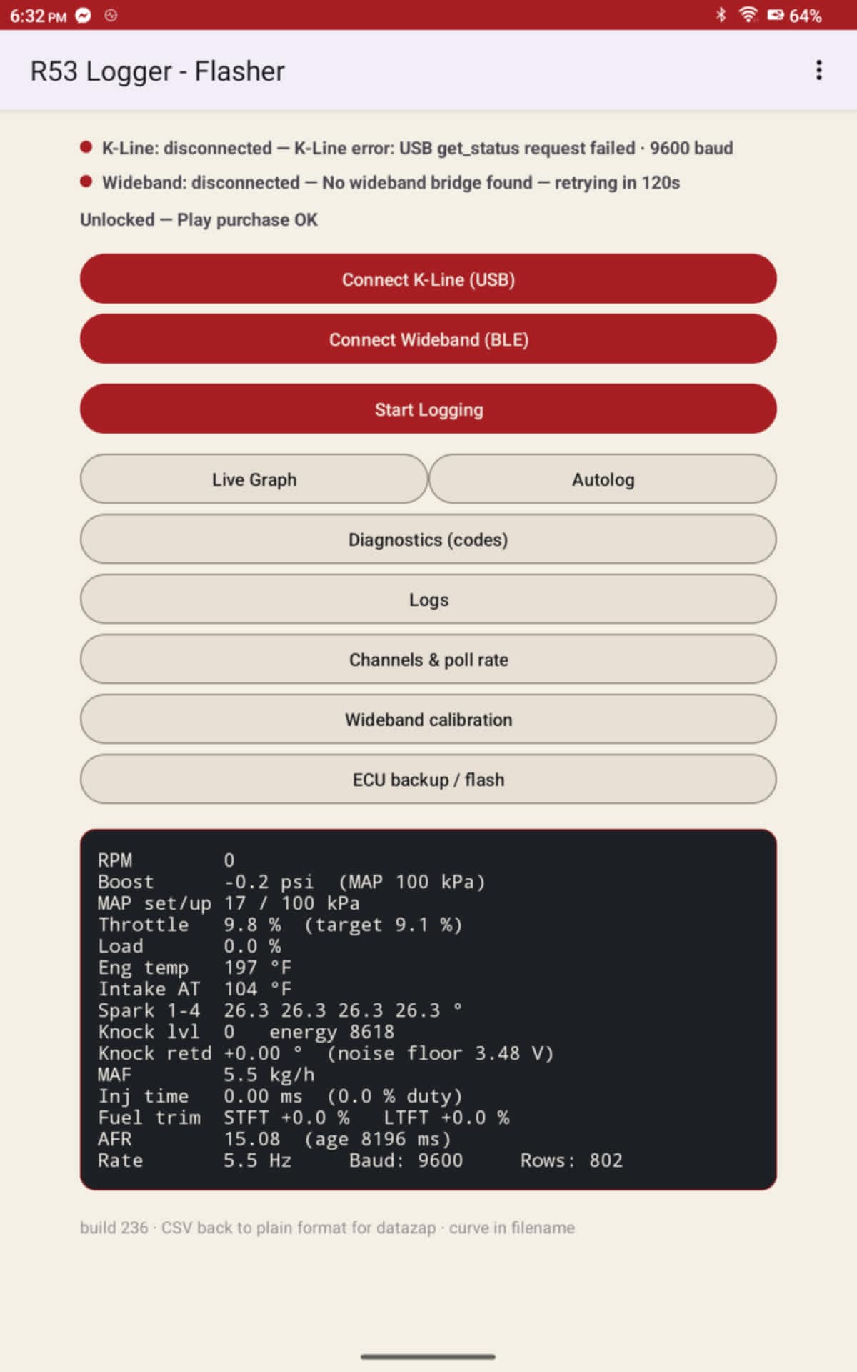 Main screen — build 236, wideband status and full live readout