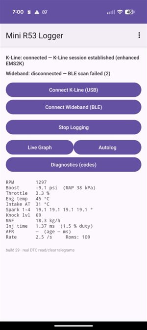 Main screen with live engine data
