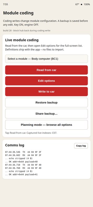 Module coding screen — read, edit, write, backup