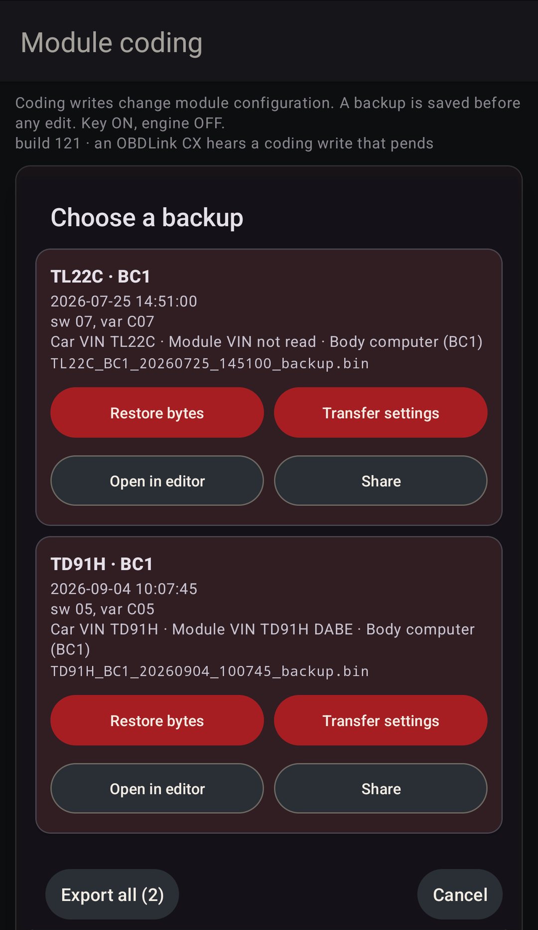 Choose a backup: TL22C body computer C07 and TD91H body computer C05, each with Restore bytes, Transfer settings, Open in editor and Share