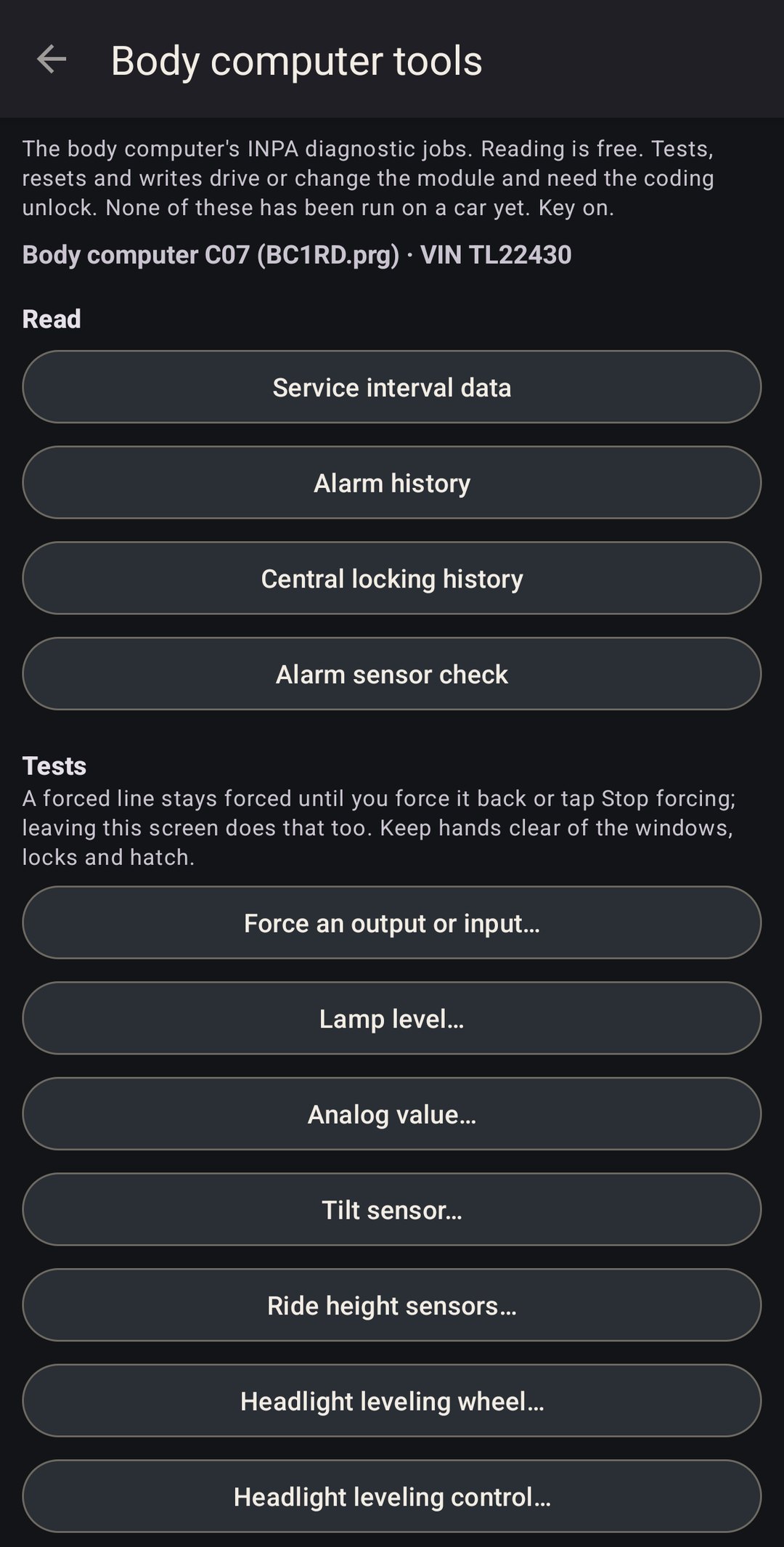Body computer tools on a C07: service interval data, alarm history, central locking history, alarm sensor check, then force an output or input, lamp level, analog value, tilt sensor, ride height sensors and headlight leveling