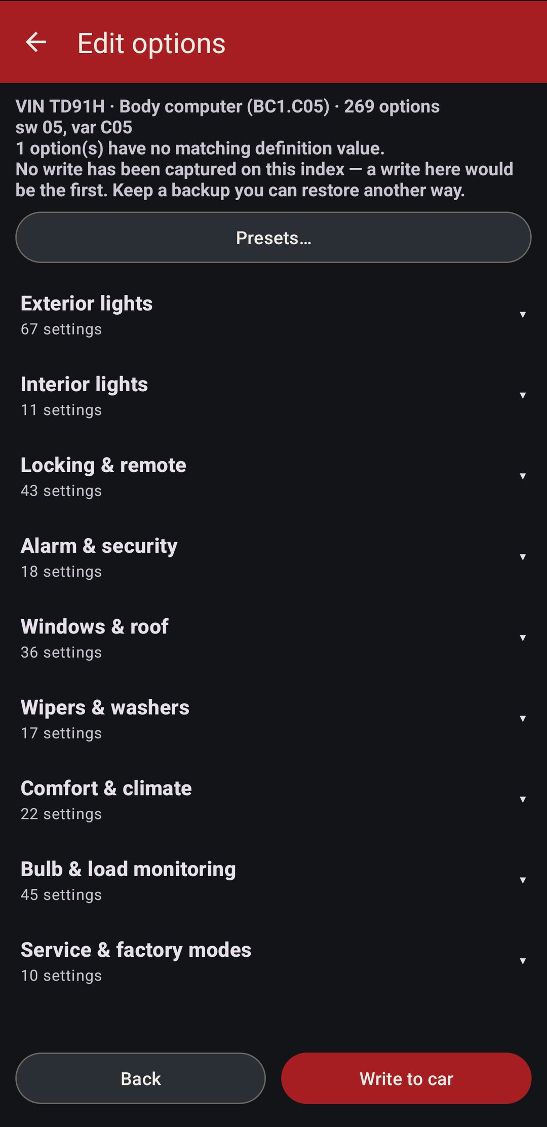 Edit options for the body computer, grouped into exterior lights, interior lights, locking, alarm, windows, wipers, comfort, bulb monitoring and service modes