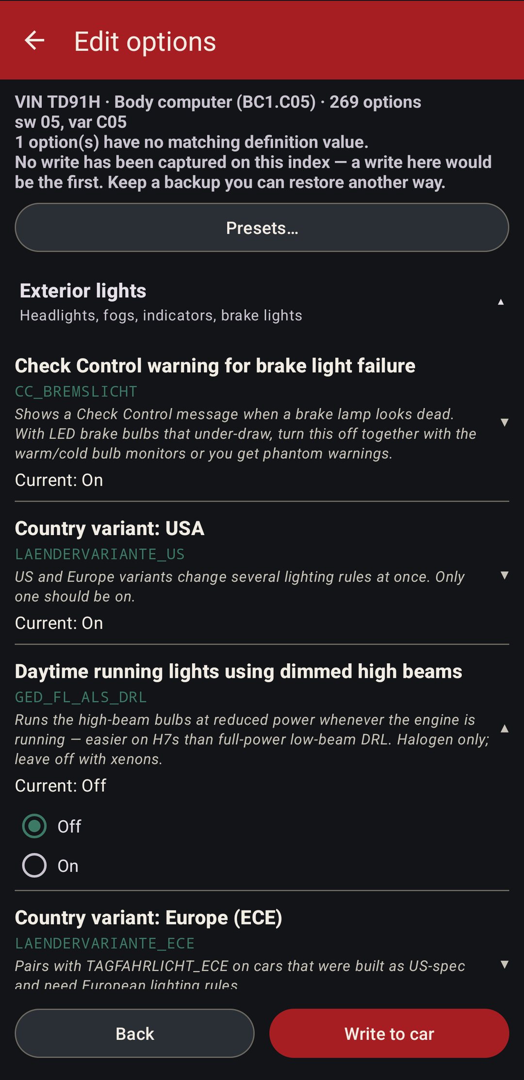 Edit options on the body computer: brake light warning, country variant and daytime running lights, each with its NCS name, a description and the current value