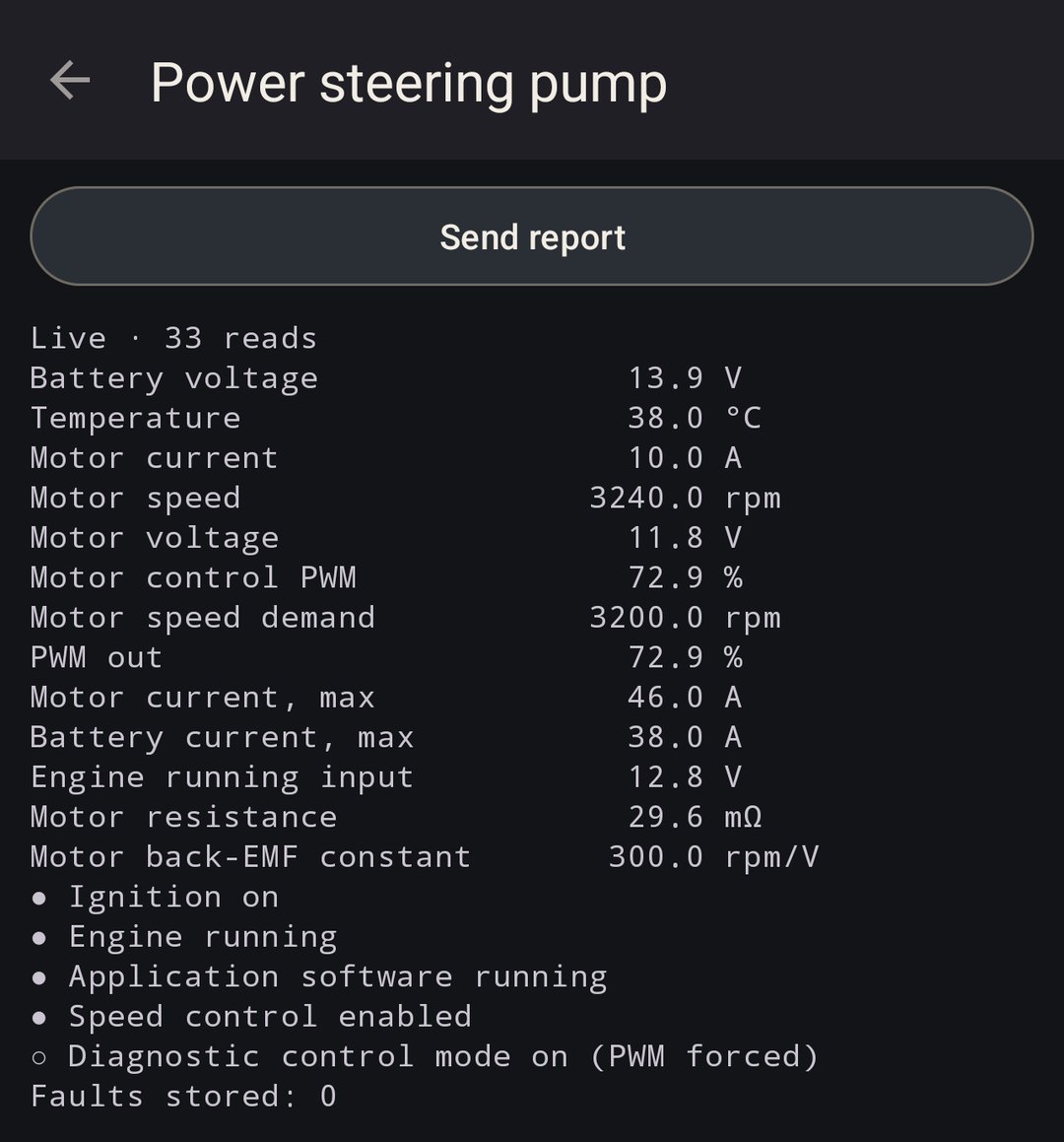 Power steering pump live view: battery voltage 13.9 V, temperature 38 C, motor current 10 A, motor speed 3240 rpm, PWM 72.9 percent, ignition on, engine running, no faults stored