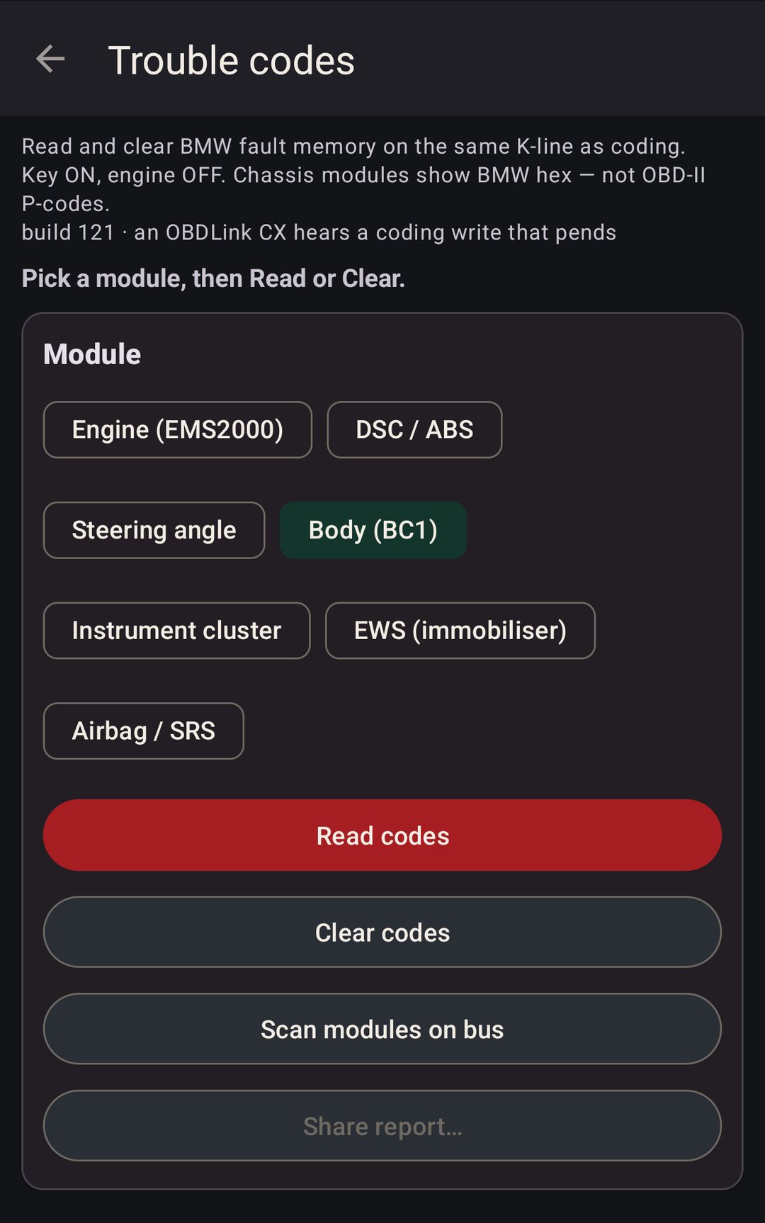 Trouble codes screen with engine, DSC, steering angle, body, instrument cluster, immobilizer and airbag modules