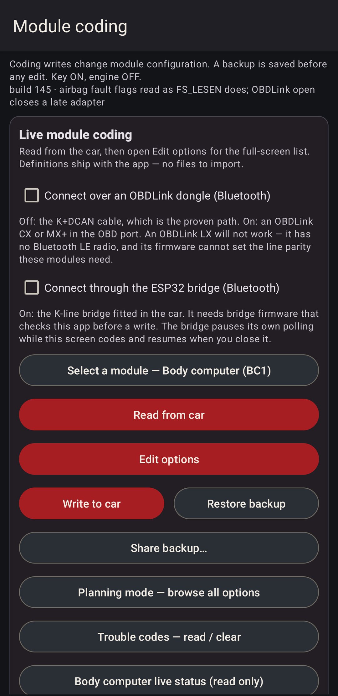 The coding hub: OBDLink and ESP32 bridge checkboxes, module picker, Read from car, Edit options, Write to car, Restore backup, Planning mode, Trouble codes and the body computer live status button