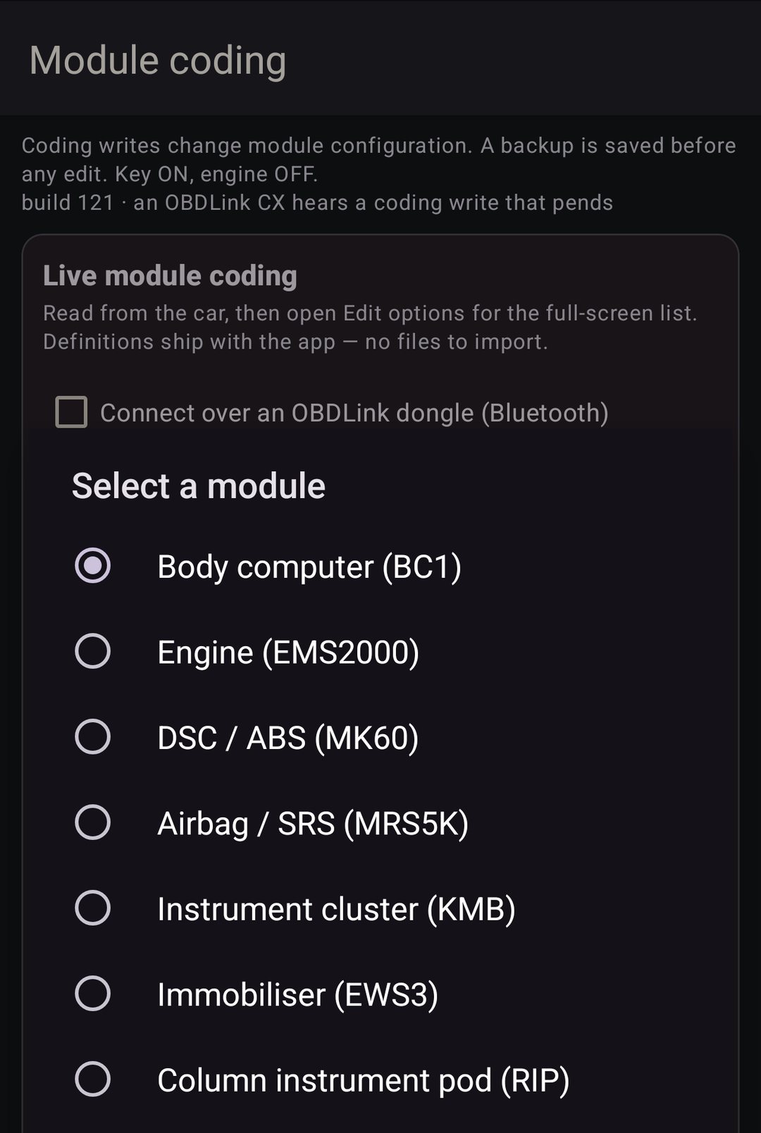 Select a module: body computer, engine, DSC, airbag, instrument cluster, immobilizer and column instrument pod