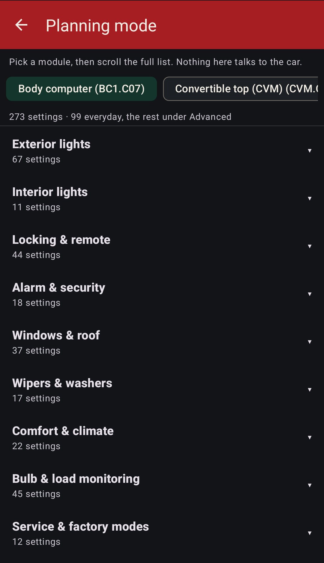 Planning mode browsing the body computer C07 options with no car connected