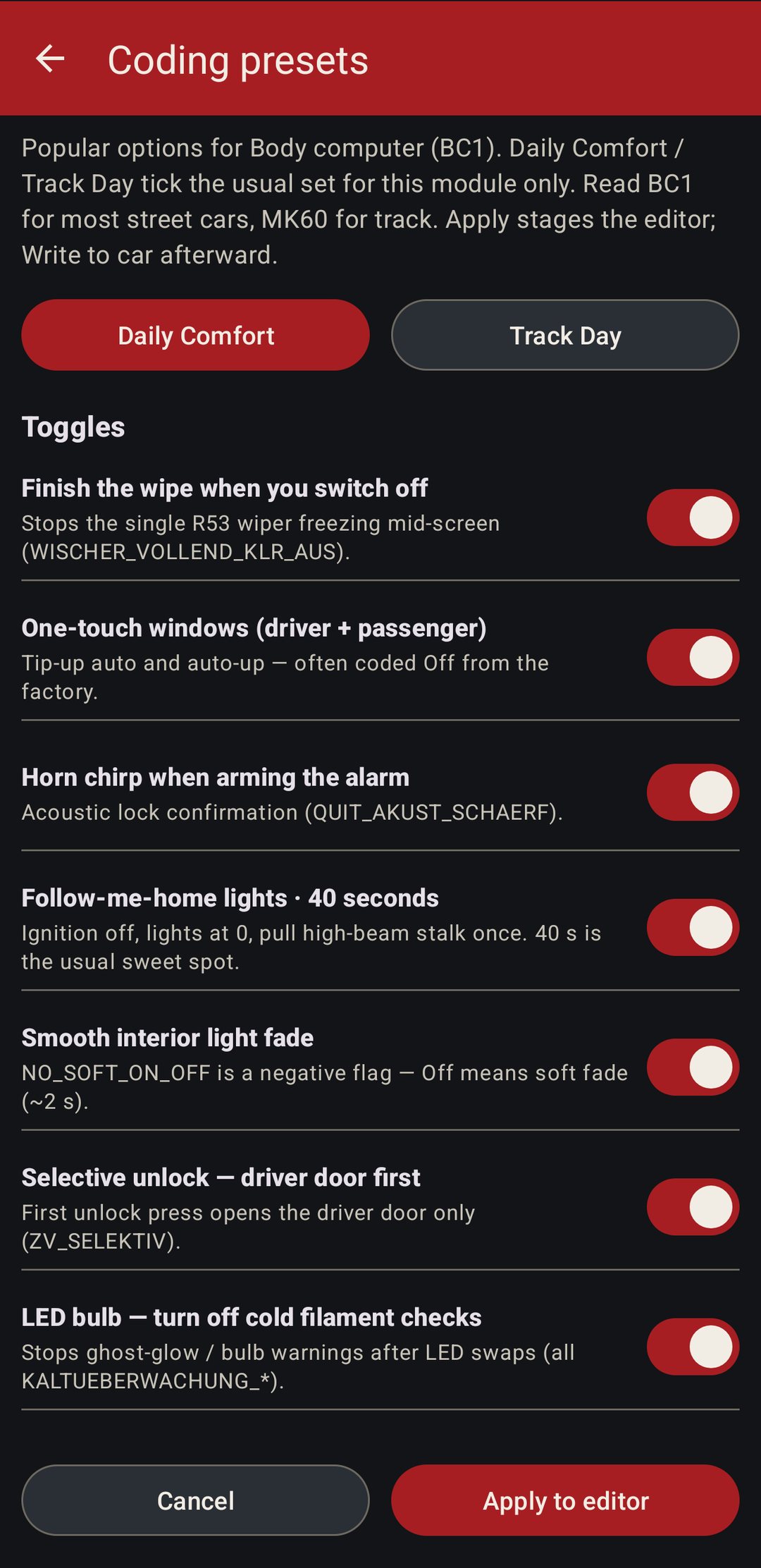 Coding presets for the body computer: Daily Comfort toggles