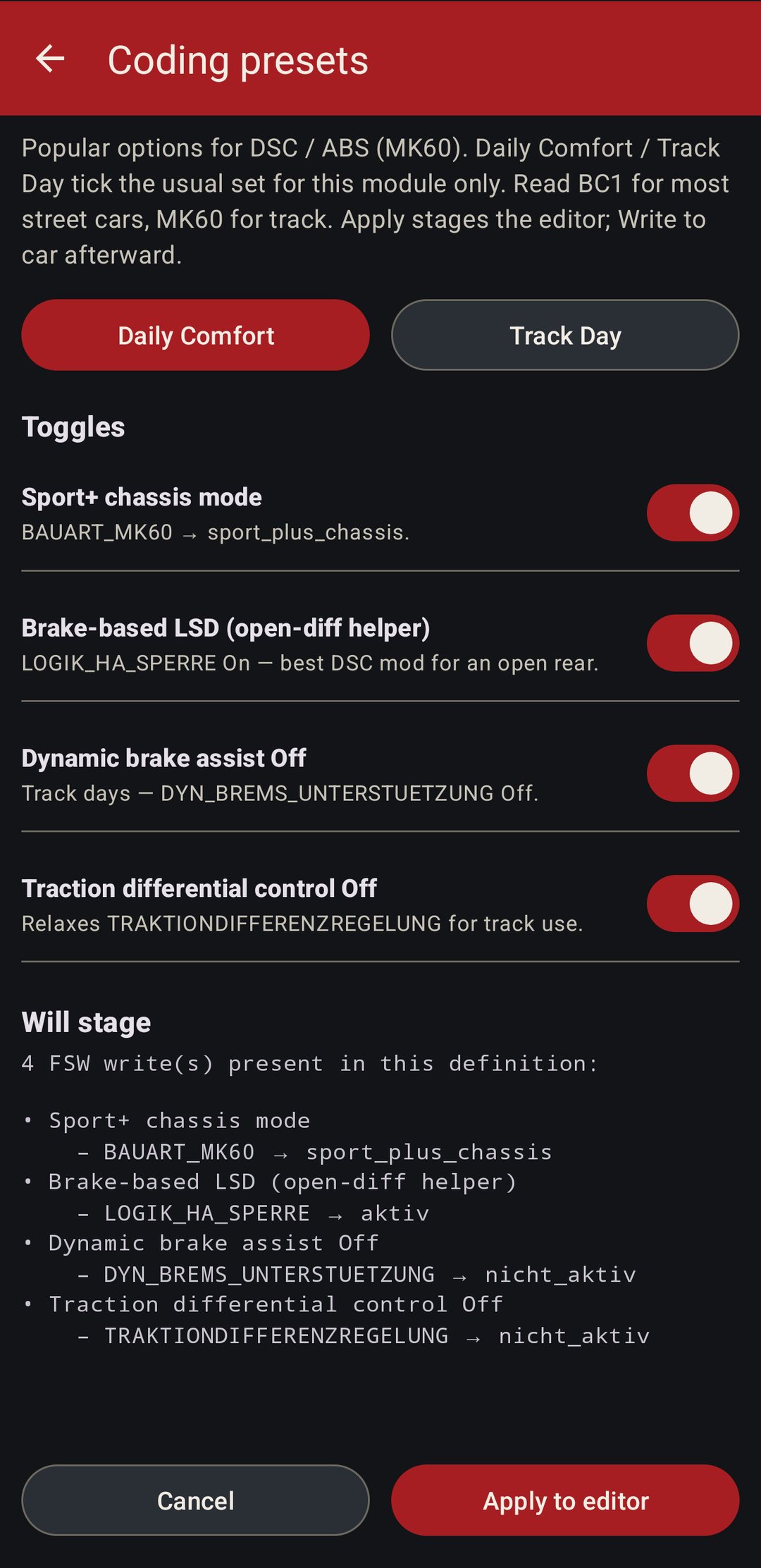 Coding presets for the DSC: Track Day toggles and the four settings it will stage