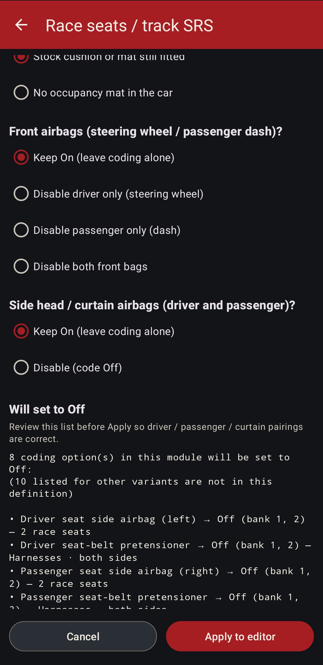 Race seats preview listing every airbag setting that will be set to Off