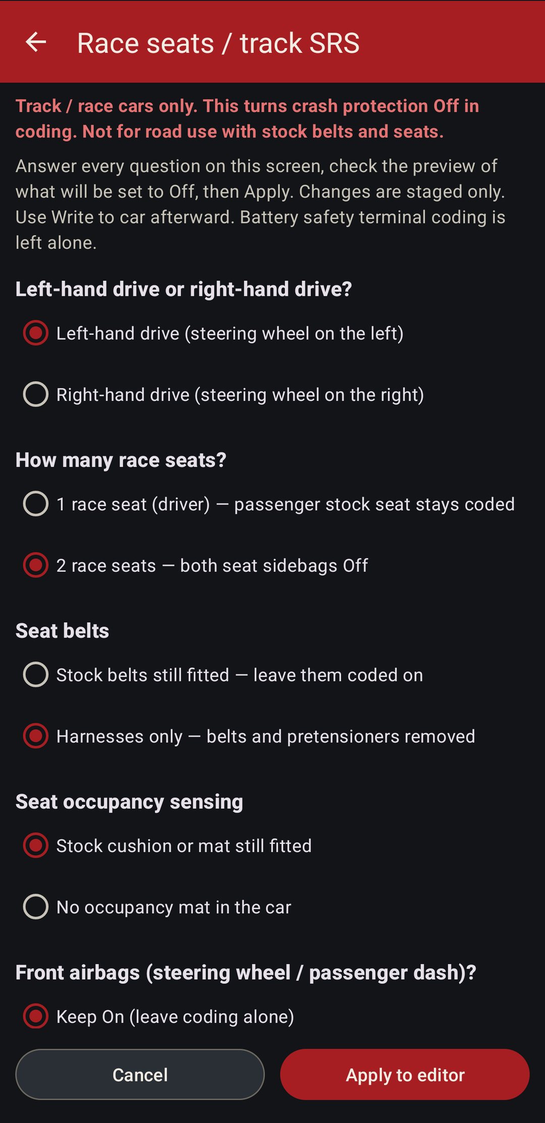 Race seats screen: left or right-hand drive, how many race seats, belts and occupancy