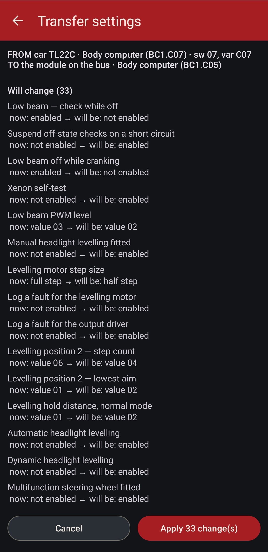 Transfer settings from TL22C's C07 body computer to a C05: 33 settings will change, each listed with its current and new value