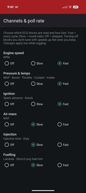 Channels and poll-rate screen