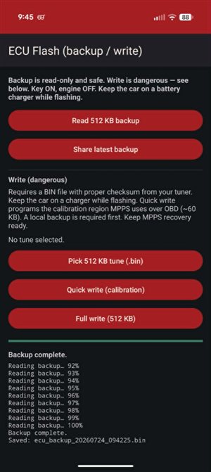 ECU flash screen after a completed backup