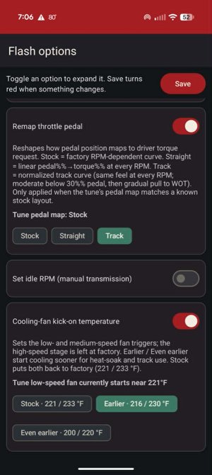 Flash options — Track pedal and fan presets