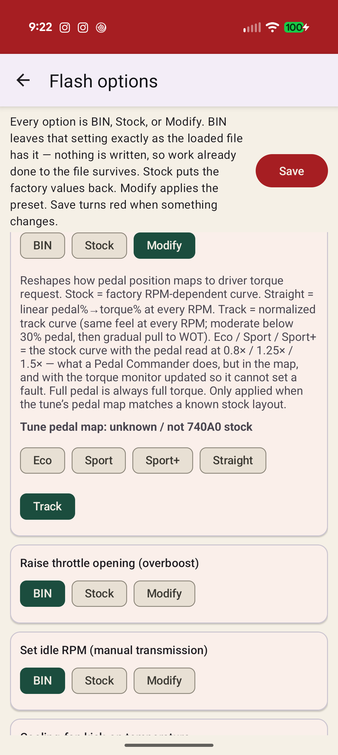Flash options — the pedal presets