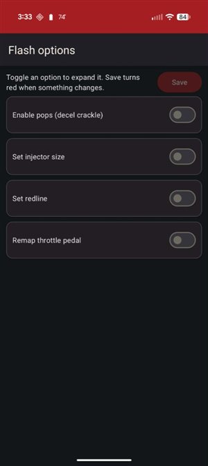 Flash options — pops, injectors, redline, pedal