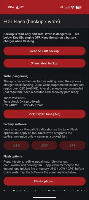 ECU flash — backup, factory software, flash options