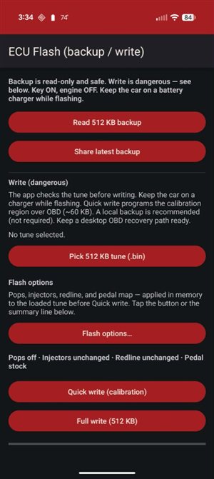 ECU flash screen with Flash options