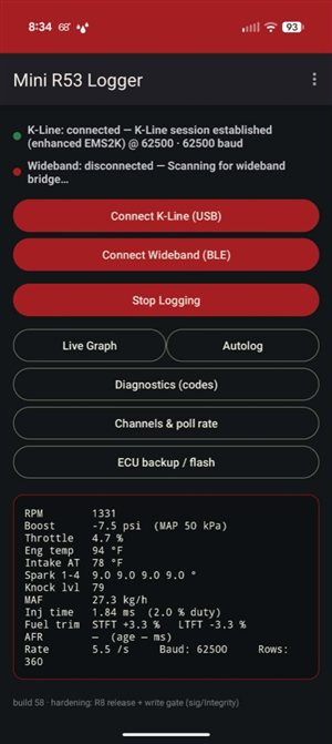 Main screen — live telemetry and Mini chili-red theme
